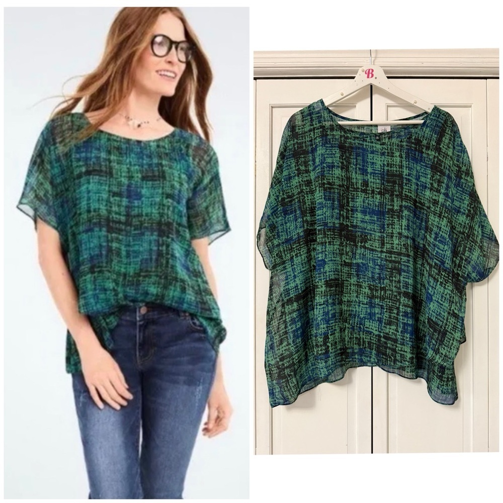 CAbi Green and Blue Sheer Plaid Boxy Blouse